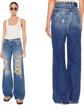 MOTHER SUPERIOR The Low Down Spinner Heel Distressed Wide Leg Jean